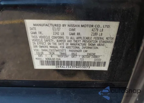 2007 Nissan Altima 2.5 S z USA, uszkodzony, nr VIN 1N4AL21E37N455073